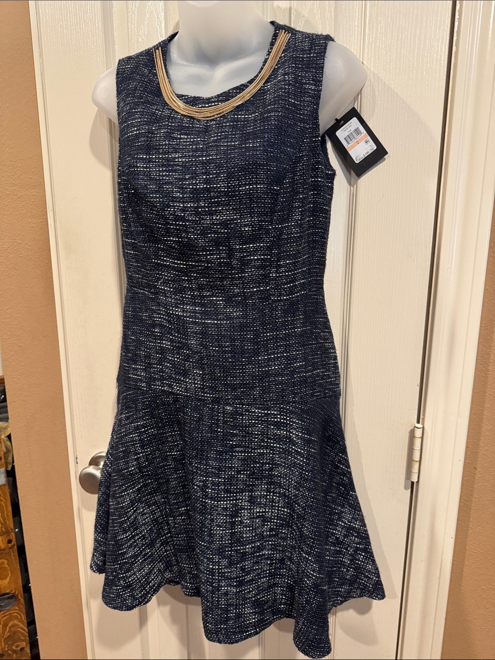NWT - DKNY Drop Waist Navy and White Tweed Dress. Sz 2